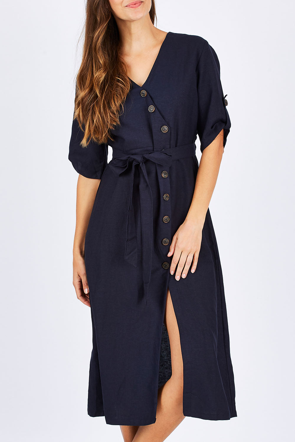 Model Anna wearing size 10 of the Button Detailed Mid Length Dress in colour Navy (Blue), from the front, cropped image