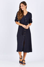Model Anna wearing size 10 of the Button Detailed Mid Length Dress in colour Navy (Blue), from the front, showing the whole outfit