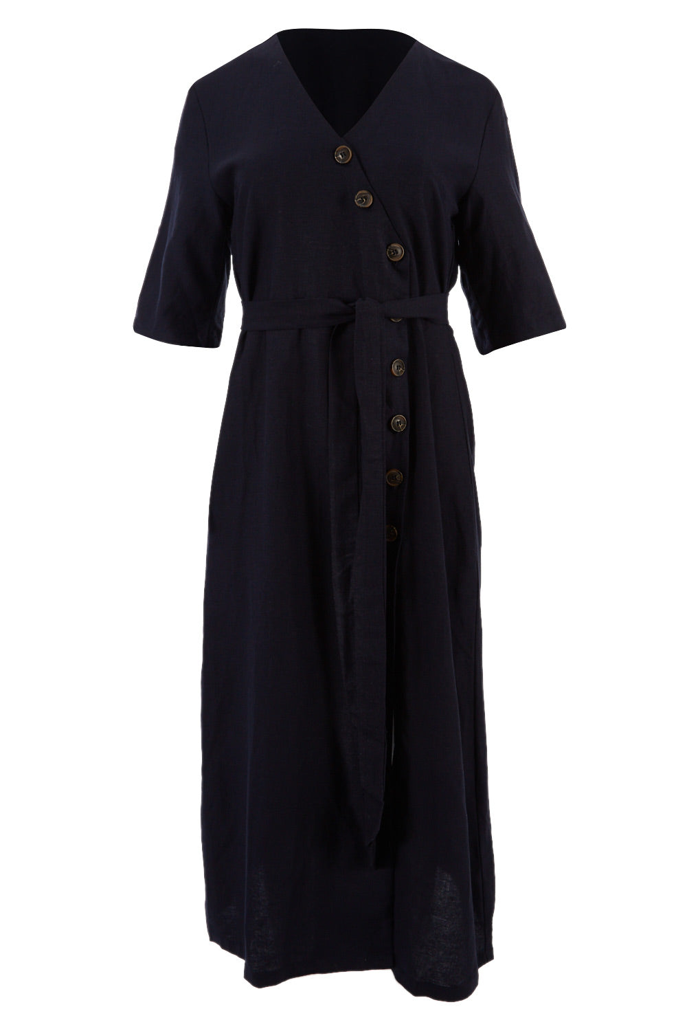 Product shot of the Button Detailed Mid Length Dress in colour Navy (Blue), from the front