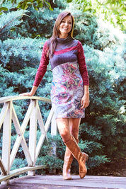 Model Lara wearing the Acacia Dress in colour Grey (Grey), from the front, showing the whole outfit