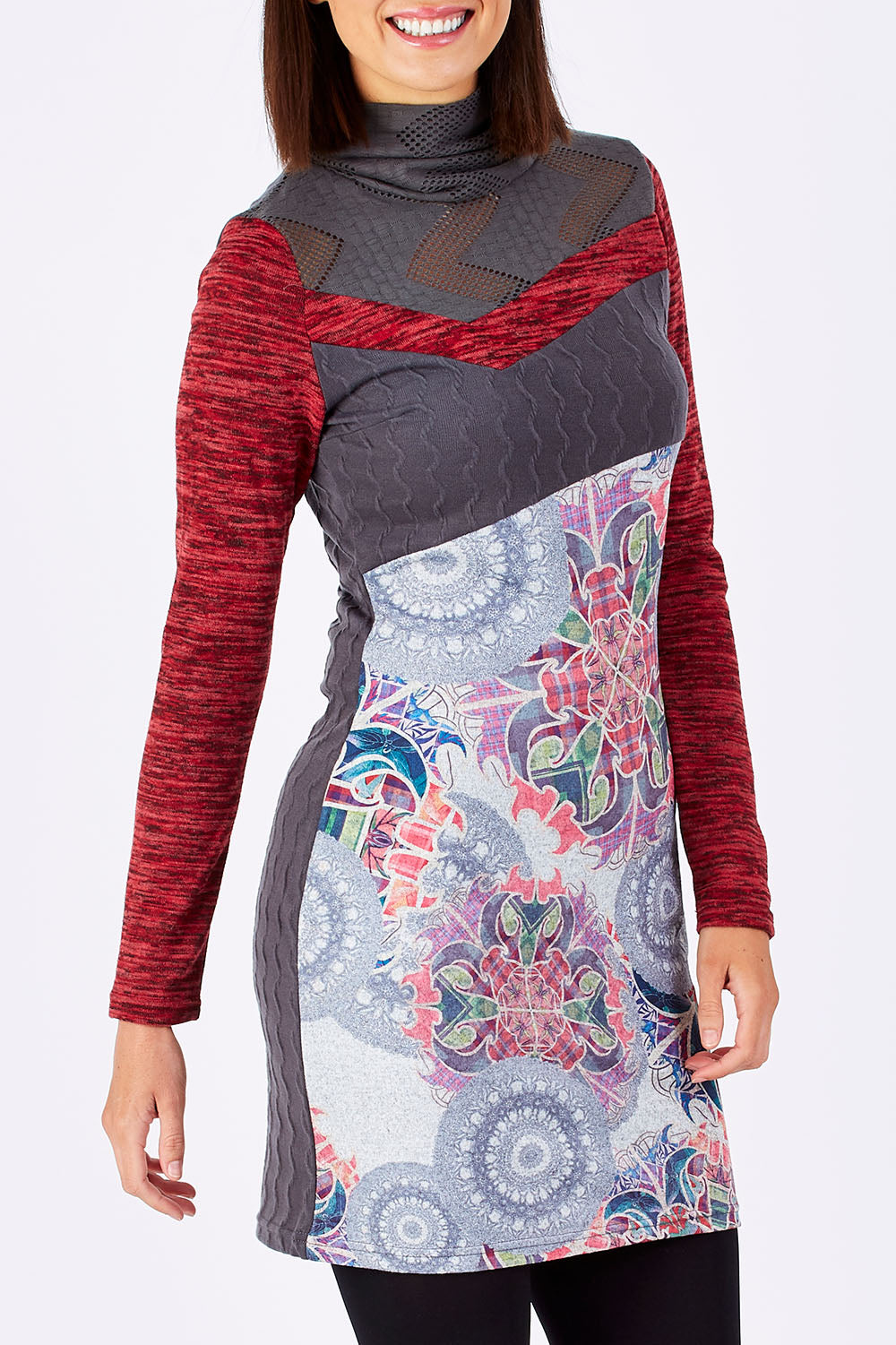 Model Perrie wearing the Acacia Dress in colour Grey (Grey), from the front, cropped image