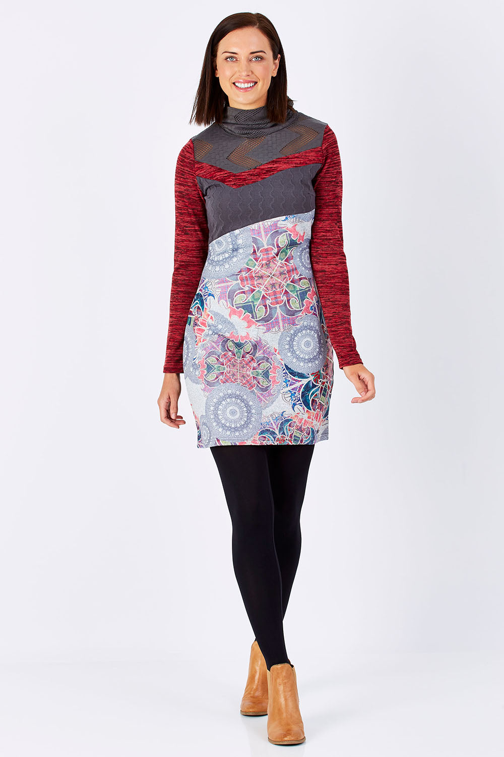 Model Perrie wearing the Acacia Dress in colour Grey (Grey), from the front, showing the whole outfit