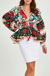 Model Madeline wearing the Cha Cha Top in colour Toledo (Black), from the front, cropped image