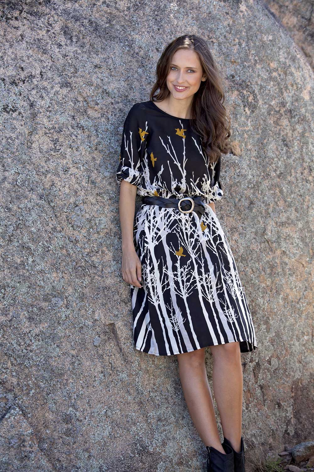 A model wearing the Robbie Shift Dress Birdforest in colour Black (Black), from the front, showing the whole outfit