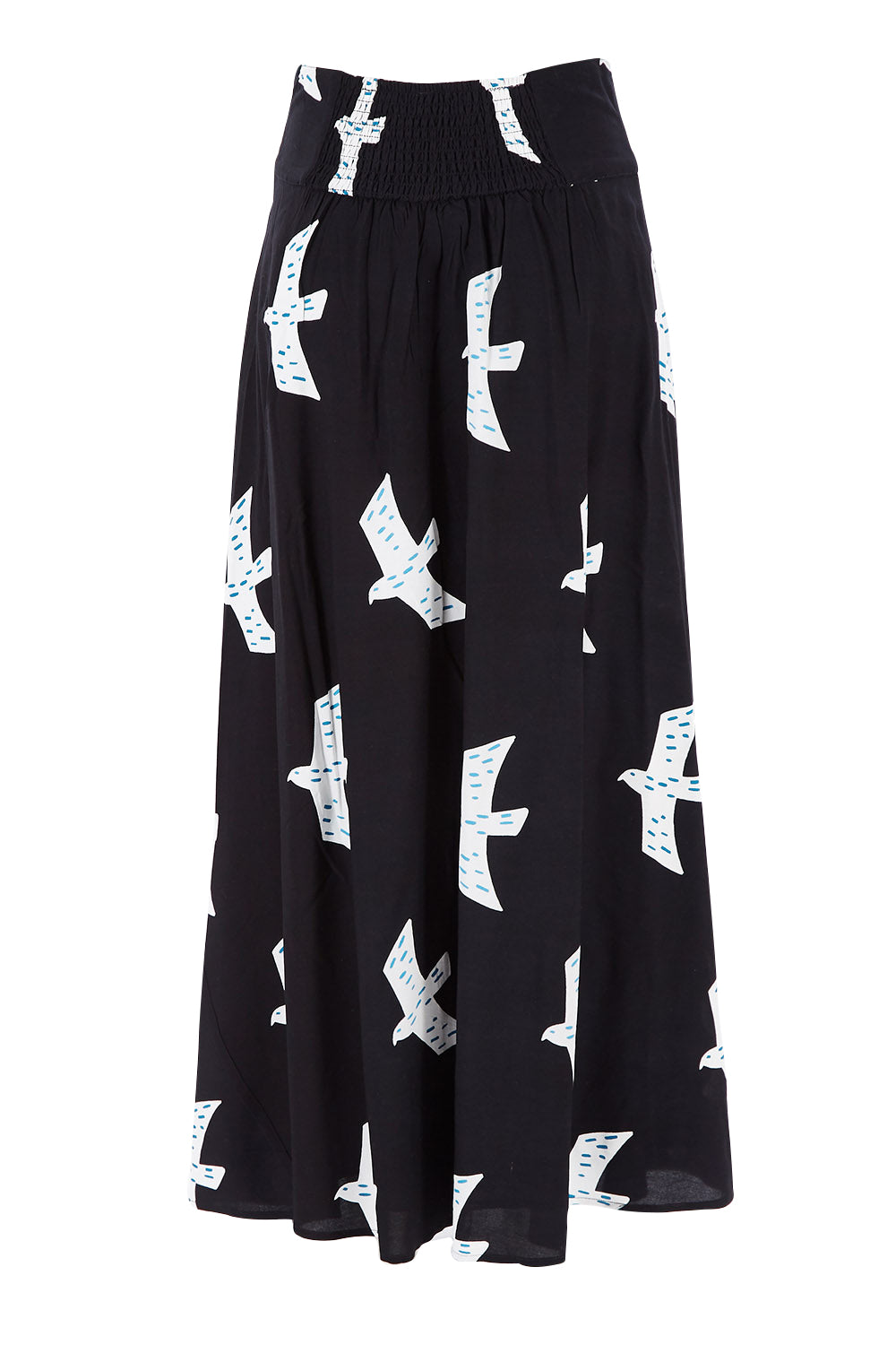 Product shot of the Rose Maxi Skirt in colour Birdflight (Black), from the back