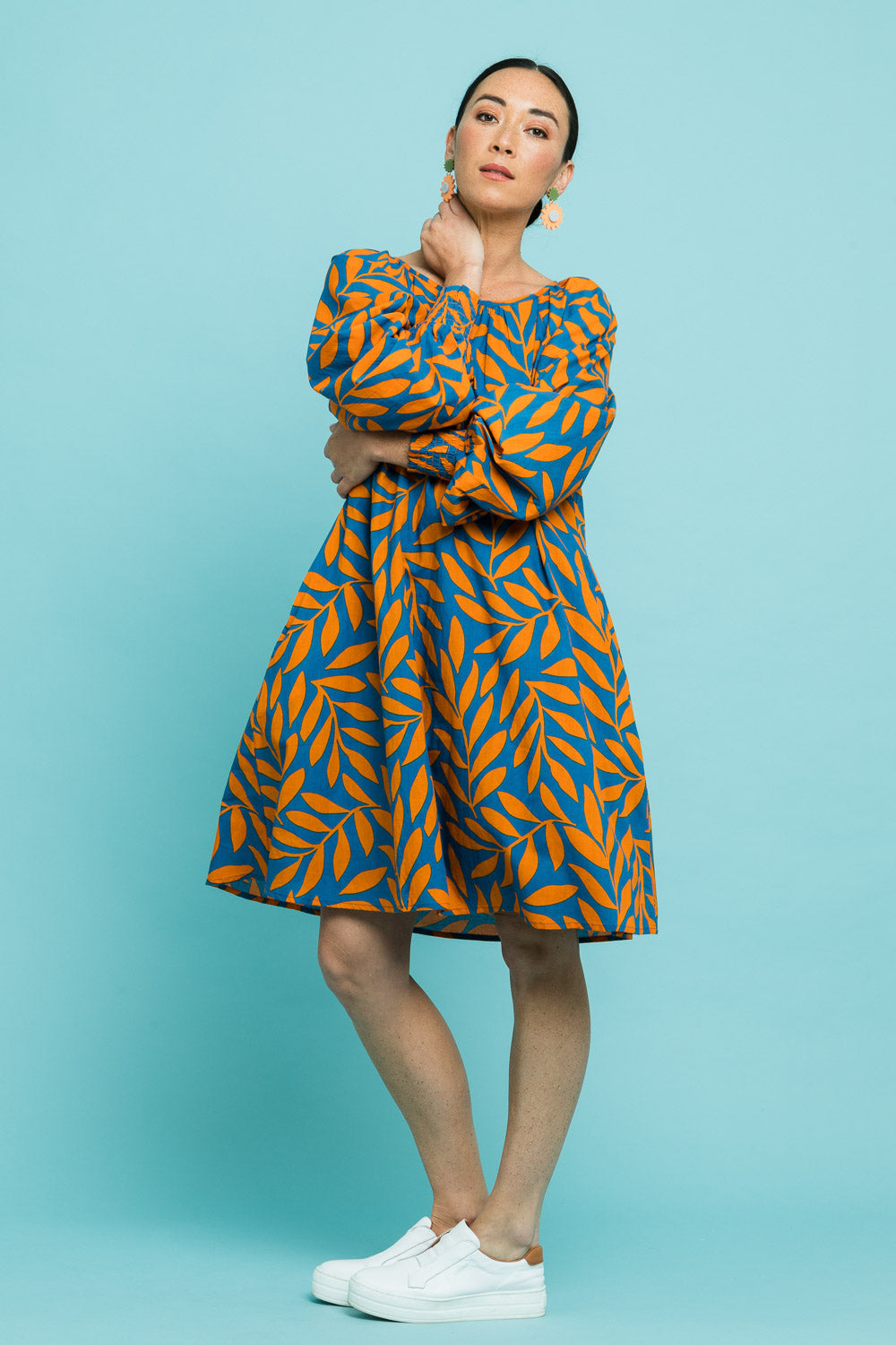 Model Katie wearing size 10 of the Frankie Shift Dress in colour Leaf, from the front, showing the whole outfit
