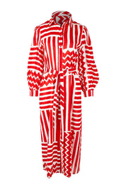 Product shot of the Abby Shirt Dress in colour Patchwork (Red), from the front