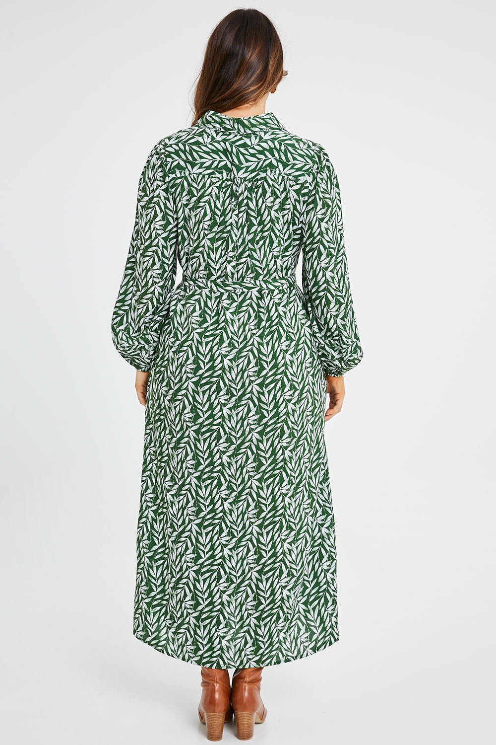 Model Laura wearing size 14 of the Lucy Shirt Dress in colour Forest (Green), from the back