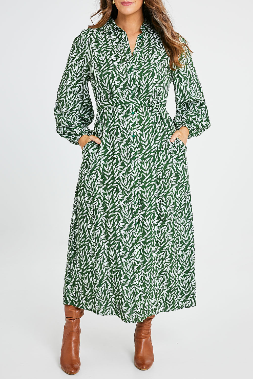 Model Laura wearing size 14 of the Lucy Shirt Dress in colour Forest (Green), from the front, cropped image