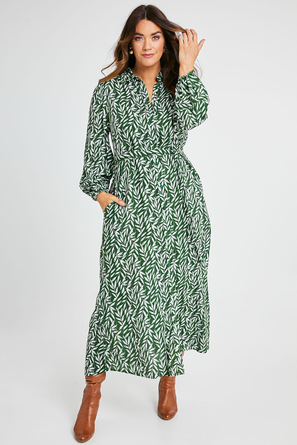 Model Laura wearing size 14 of the Lucy Shirt Dress in colour Forest (Green), from the front, showing the whole outfit