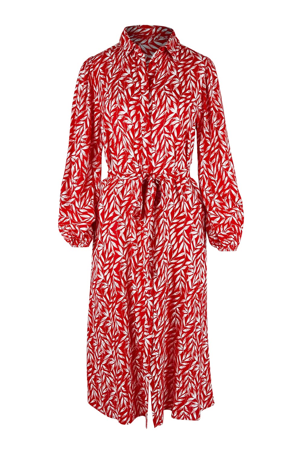 Product shot of the Sandra Midi Shirt Dress in colour Forest (Red), from the front
