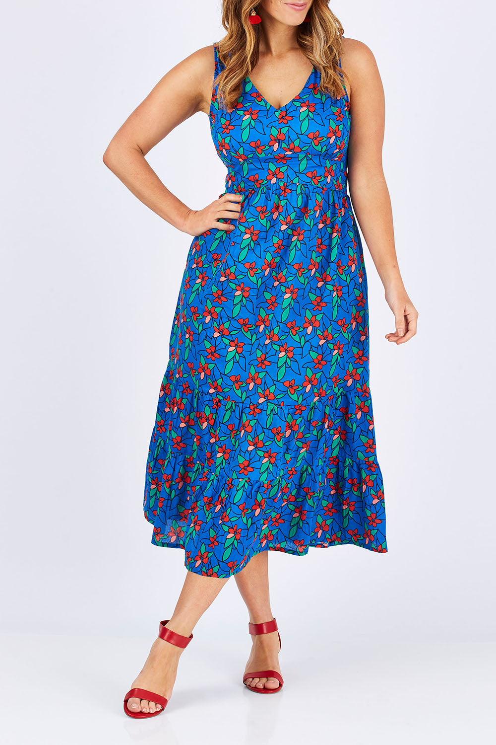Model Laura wearing size 12 of the Scarlet Summer Dress Kaleidoscope in colour Blue (Blue), from the front, cropped image