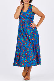 Model Thais wearing size 10 of the Scarlet Summer Dress Kaleidoscope in colour Blue (Blue), from the front, cropped image