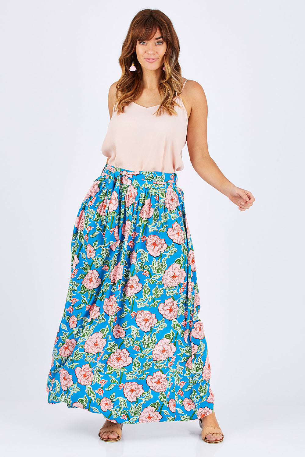 Model Laura wearing size 12 of the Loretta Maxi Skirt Mojito in colour Blue (Blue), from the front, showing the whole outfit
