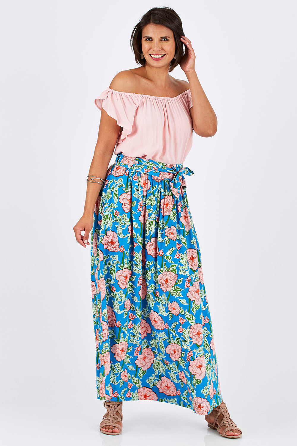 Model Thais wearing size 10 of the Loretta Maxi Skirt Mojito in colour Blue (Blue), from the front, showing the whole outfit