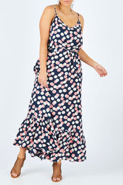 Model Laura wearing size 14 of the Shelly Maxi Dress Smarty Dots in colour Navy (Blue), from the front, cropped image