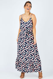 Model Laura wearing size 14 of the Shelly Maxi Dress Smarty Dots in colour Navy (Blue), from the front, showing the whole outfit