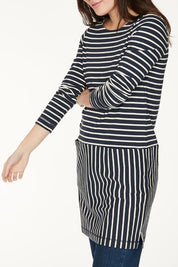 A model wearing the Hester Tunic Dress in colour Midnight (Blue), from the front, cropped image