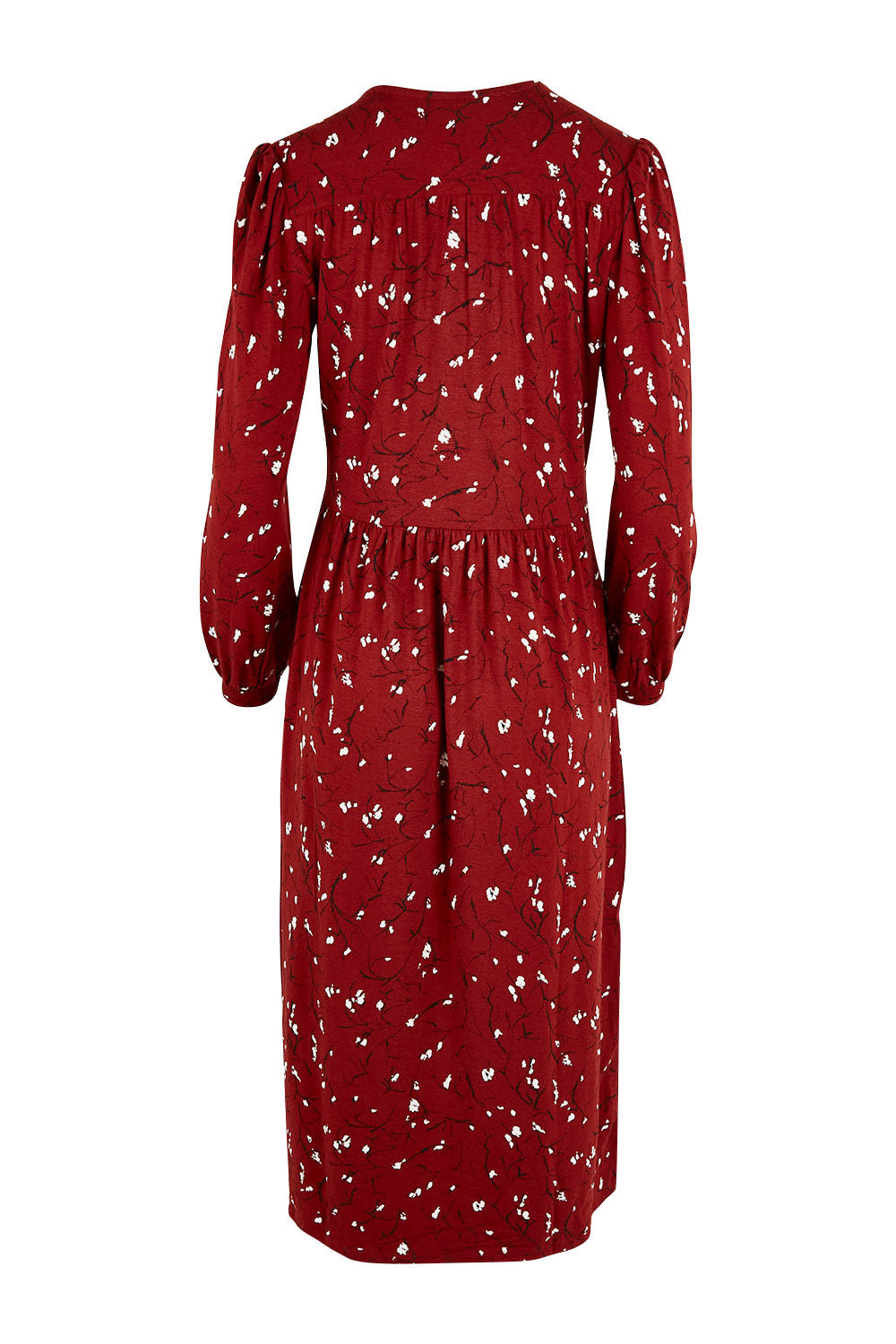 Product shot of the Eria Bamboo Wrap Dress in colour Oranrust (Red), from the back