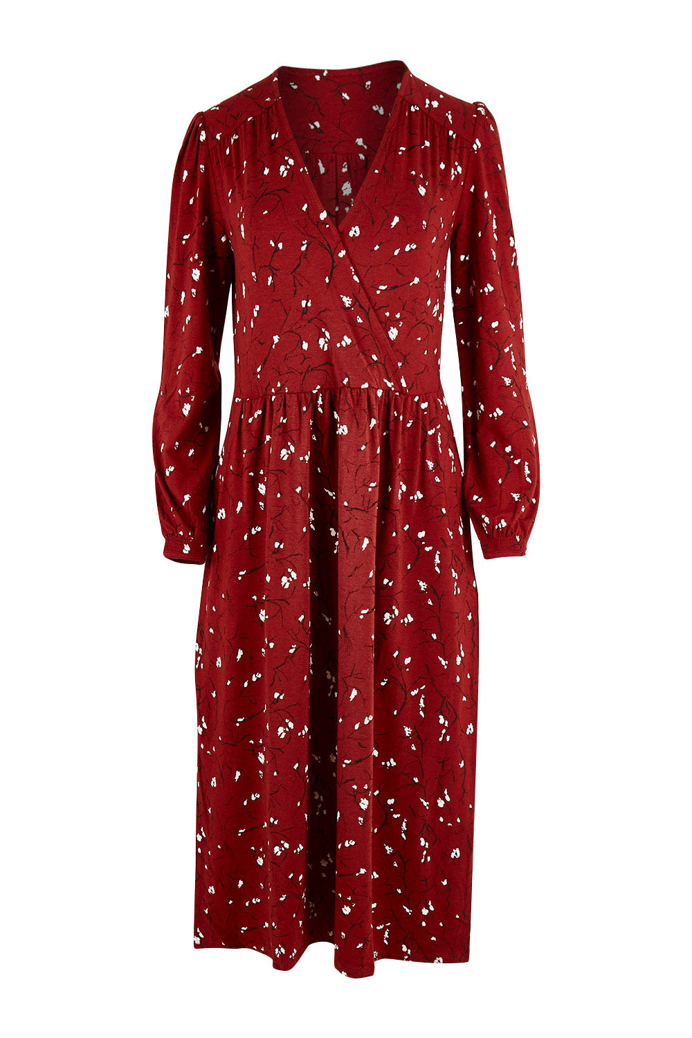 Product shot of the Eria Bamboo Wrap Dress in colour Oranrust (Red), from the front