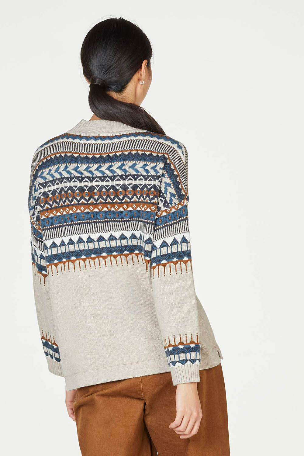 A model wearing the Delilah Fairisle Jumper in colour Vanilla (White), from the back