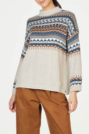 A model wearing the Delilah Fairisle Jumper in colour Vanilla (White), from the front, cropped image
