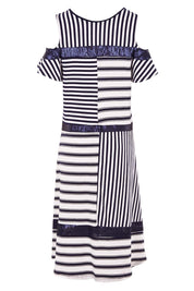 Product shot of the Star Stripe Dress in colour NavyWhite (Blue), from the back