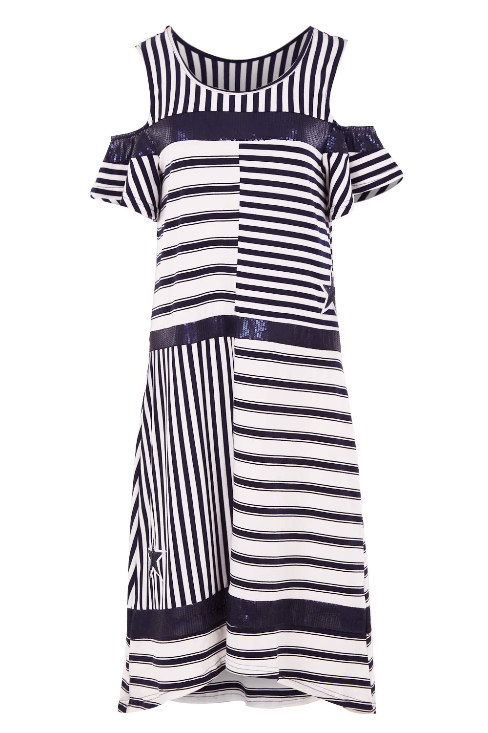 Product shot of the Star Stripe Dress in colour NavyWhite (Blue), from the front