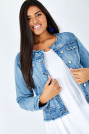 Model Shanaya wearing size L of the Collarless Jacket in colour Denim (Blue), from the front, cropped image