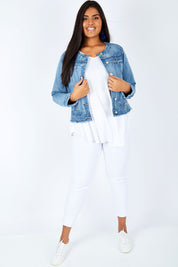 Model Shanaya wearing size L of the Collarless Jacket in colour Denim (Blue), from the front, showing the whole outfit