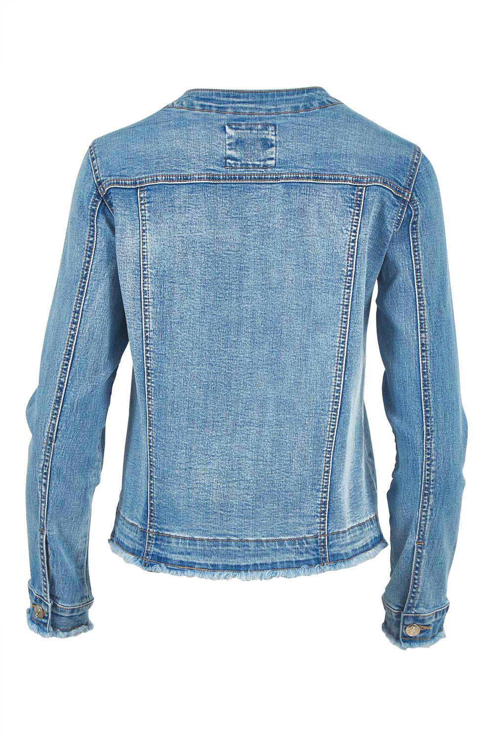 Product shot of the Collarless Jacket in colour Denim (Blue), from the back