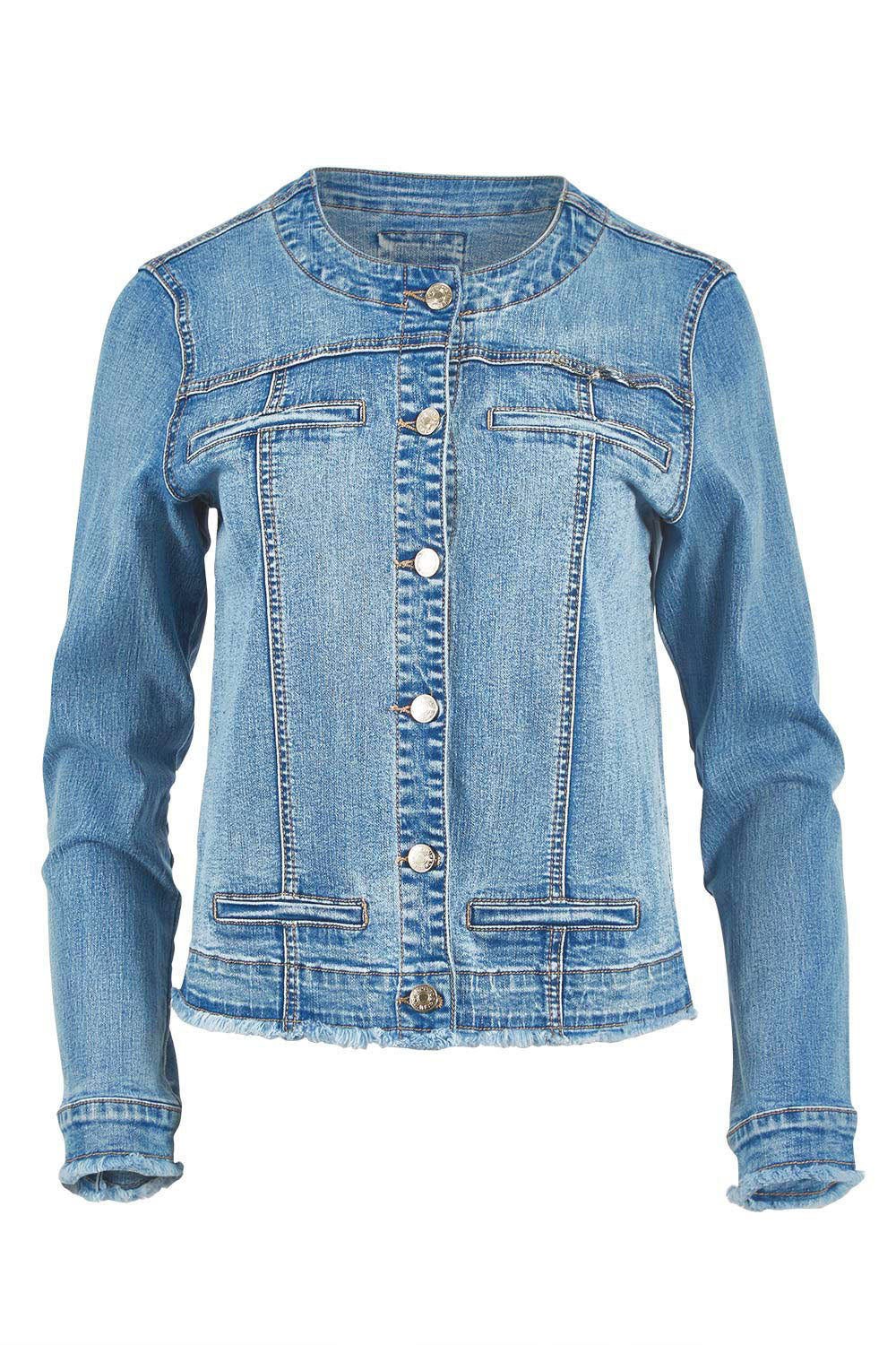 Product shot of the Collarless Jacket in colour Denim (Blue), from the front