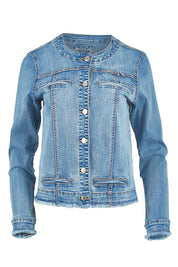 Product shot of the Collarless Jacket in colour Denim (Blue), from the front