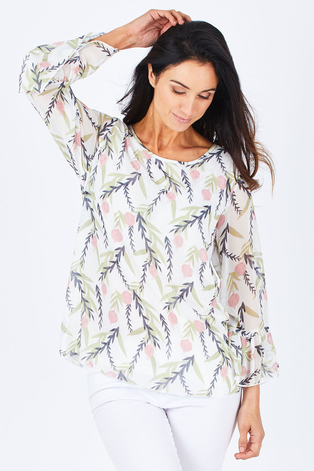 Model Gemma wearing size S of the Vine Print Top in colour WhiteMulti (White), from the front, cropped image