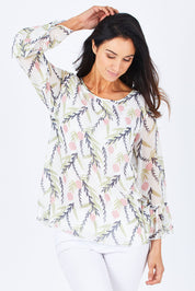 Model Gemma wearing size S of the Vine Print Top in colour WhiteMulti (White), from the front, cropped image