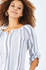 Model Summer wearing size S of the Multi Stripe Tab Sleeve Shirt in colour NavyWhite (White), from the front, cropped image
