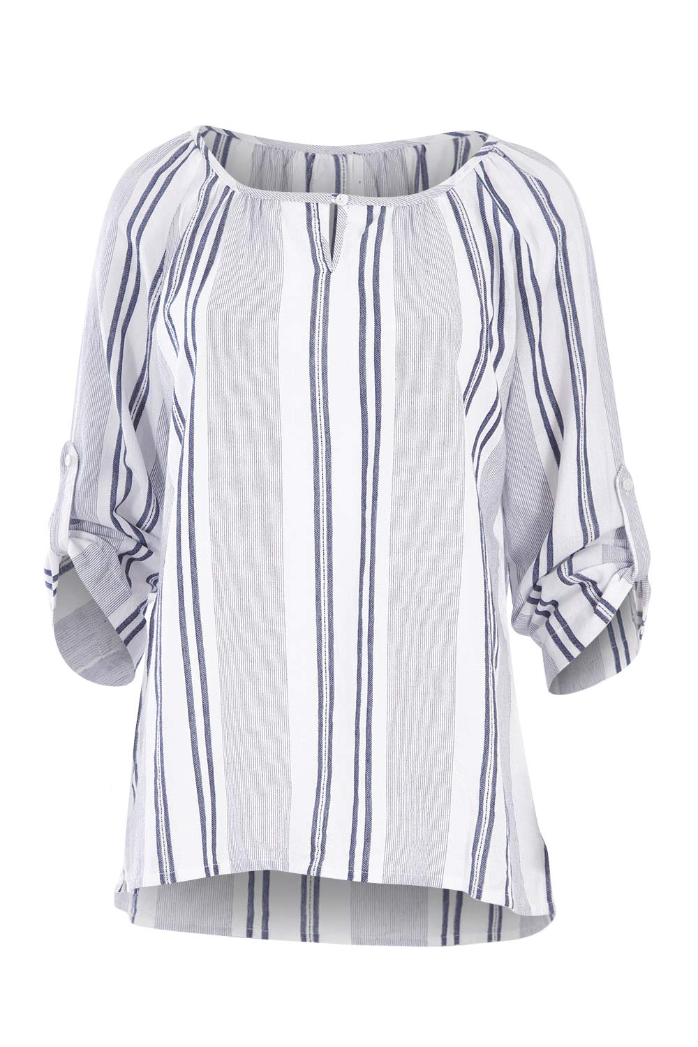 Product shot of the Multi Stripe Tab Sleeve Shirt in colour NavyWhite (White), detail