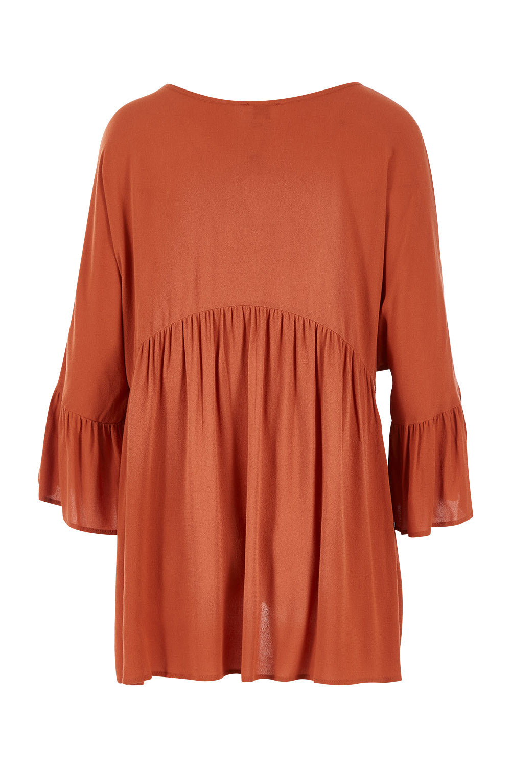 Product shot of the Ruffle Hem Top in colour Brick (Red), from the back