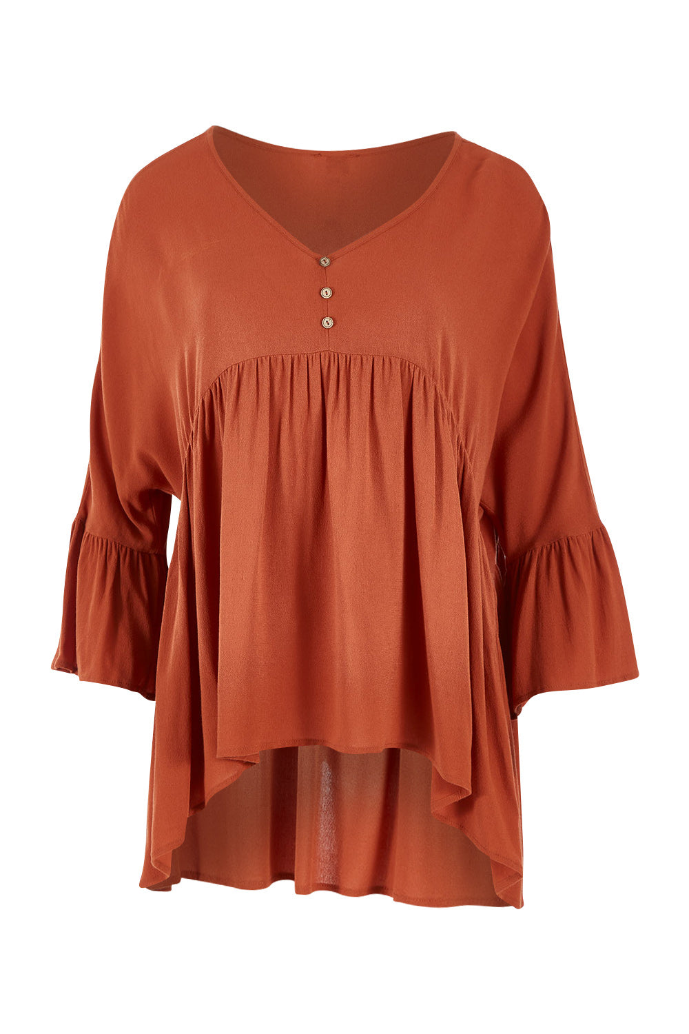 Product shot of the Ruffle Hem Top in colour Brick (Red), from the front
