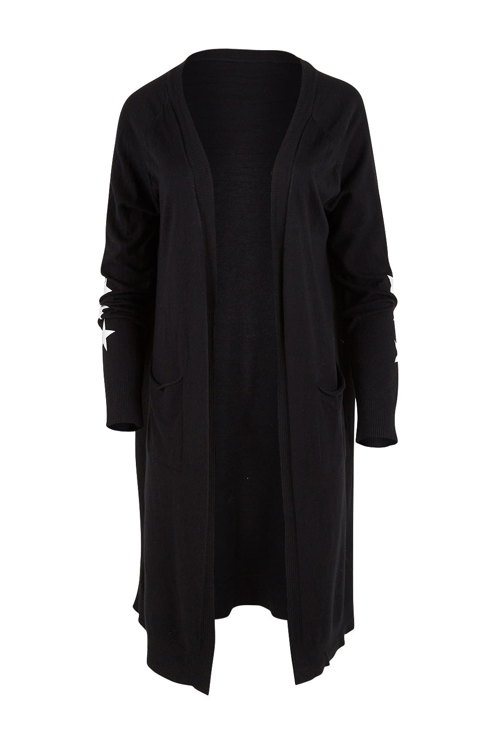Product shot of the Longline Cardi in colour Black (Black), from the front