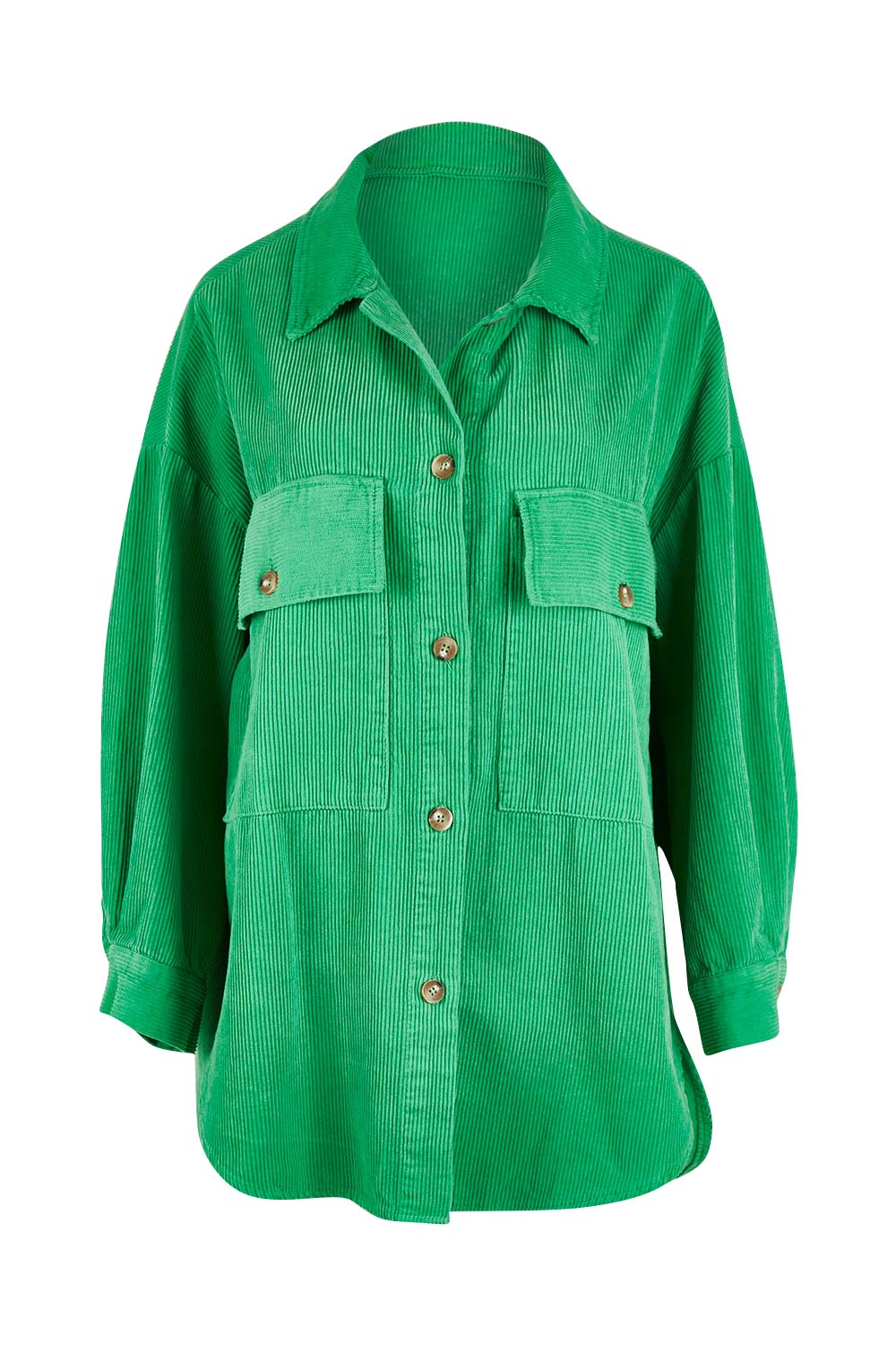 Product shot of the Zoe Cord Shacket in colour Jade (Green), from the front