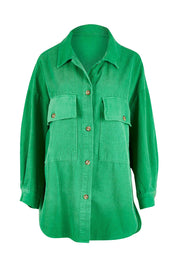 Product shot of the Zoe Cord Shacket in colour Jade (Green), from the front