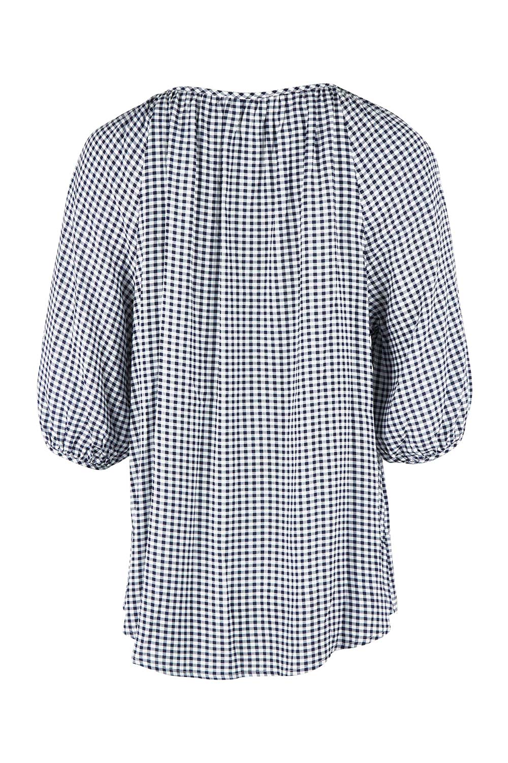 Product shot of the Check It Out Top in colour Navy (Blue), from the back