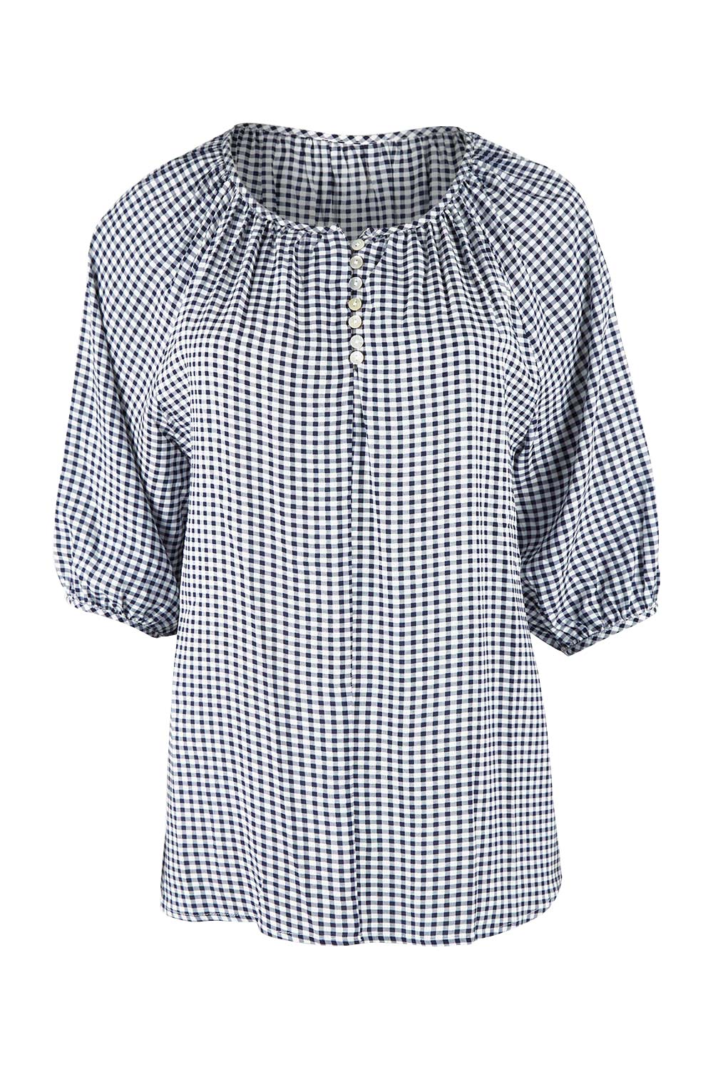 Product shot of the Check It Out Top in colour Navy (Blue), from the front