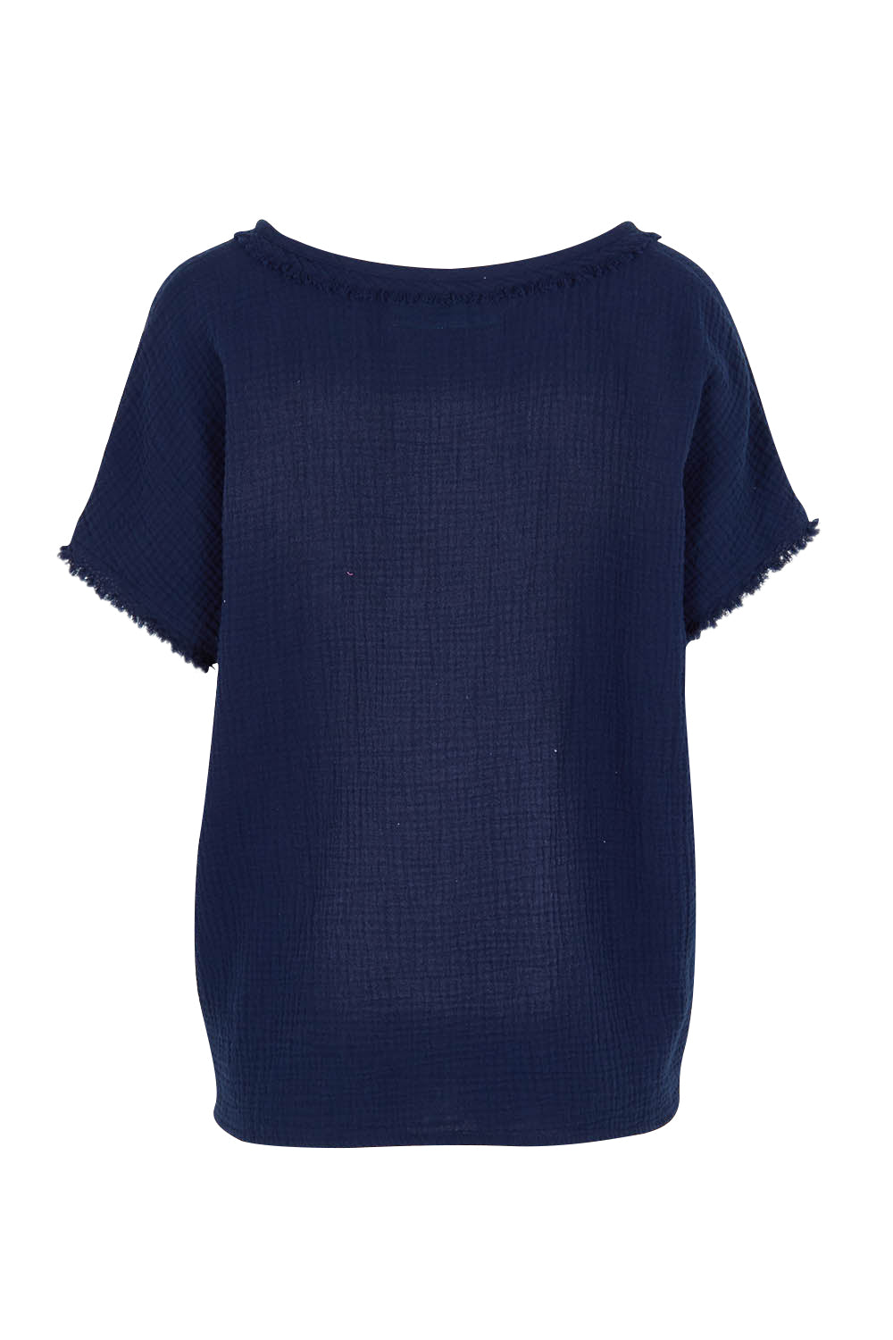 Product shot of the Byron Cotton Top in colour Navy (Blue), from the back