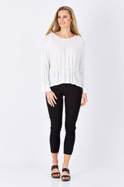 Model Maddy wearing size S of the Front Thread Top in colour White (White), from the front, showing the whole outfit