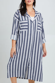 Model Poppy wearing the Oversized Cotton Linen Sleep Shirt in colour Navystripe (Blue), from the front, cropped image