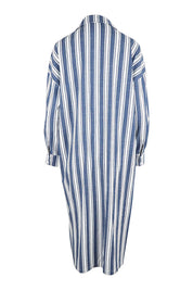 Product shot of the Oversized Cotton Linen Sleep Shirt in colour Navystripe (Blue), from the back