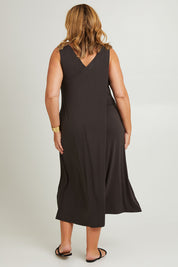 Model Fiona wearing the Modal Back Wrap Midi Dress in colour Deepgreen (Green), from the back