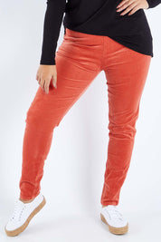 Model Sasha-Lee wearing size 16 of the Skinny Leg Cord Pull On Pant in colour Auburn, from the front, cropped image